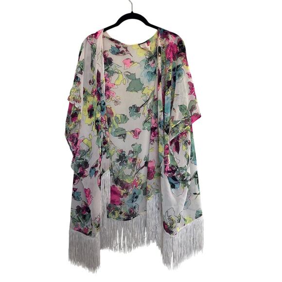 OP Floral Fringe Festival Kimono Sheer Watercolor Boho Beachwear XL XXL - Picture 1 of 5